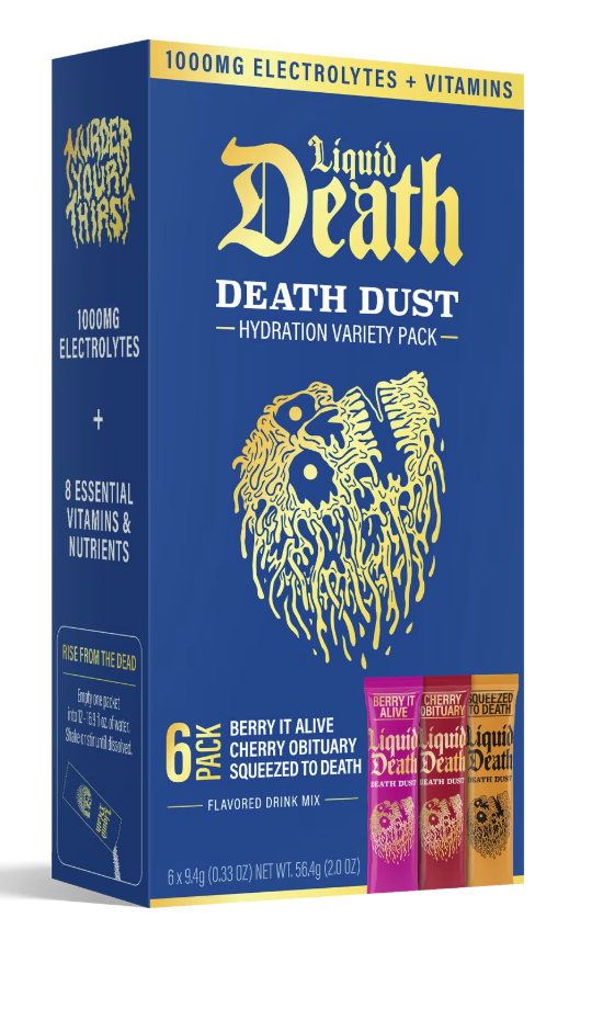Liquid Death Dust Hydration Drink Mix 6 Pack - Berry It Alive, Cherry Obituary, Squeezed to Death