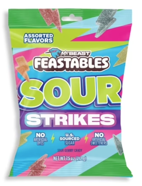 Mr Beast Feastables Sour Strikes Sour Gummy Candy Assorted Flavors 7.5oz